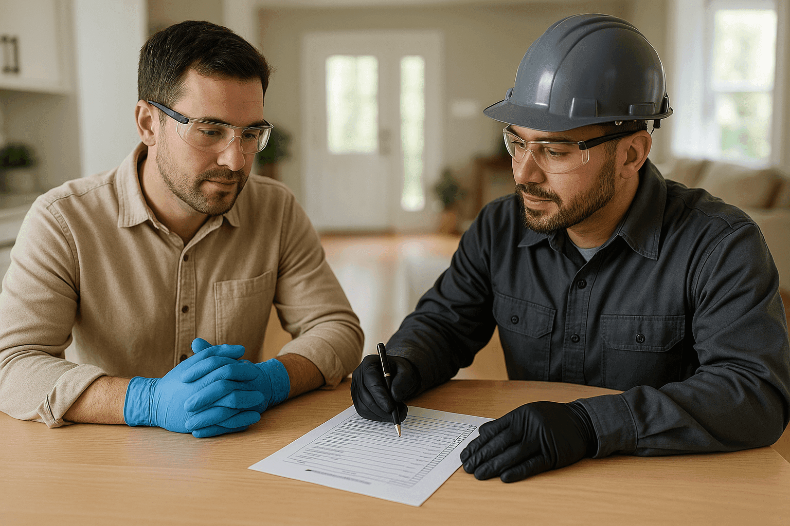 Homeowner interviewing home inspector with checklist at dining table
