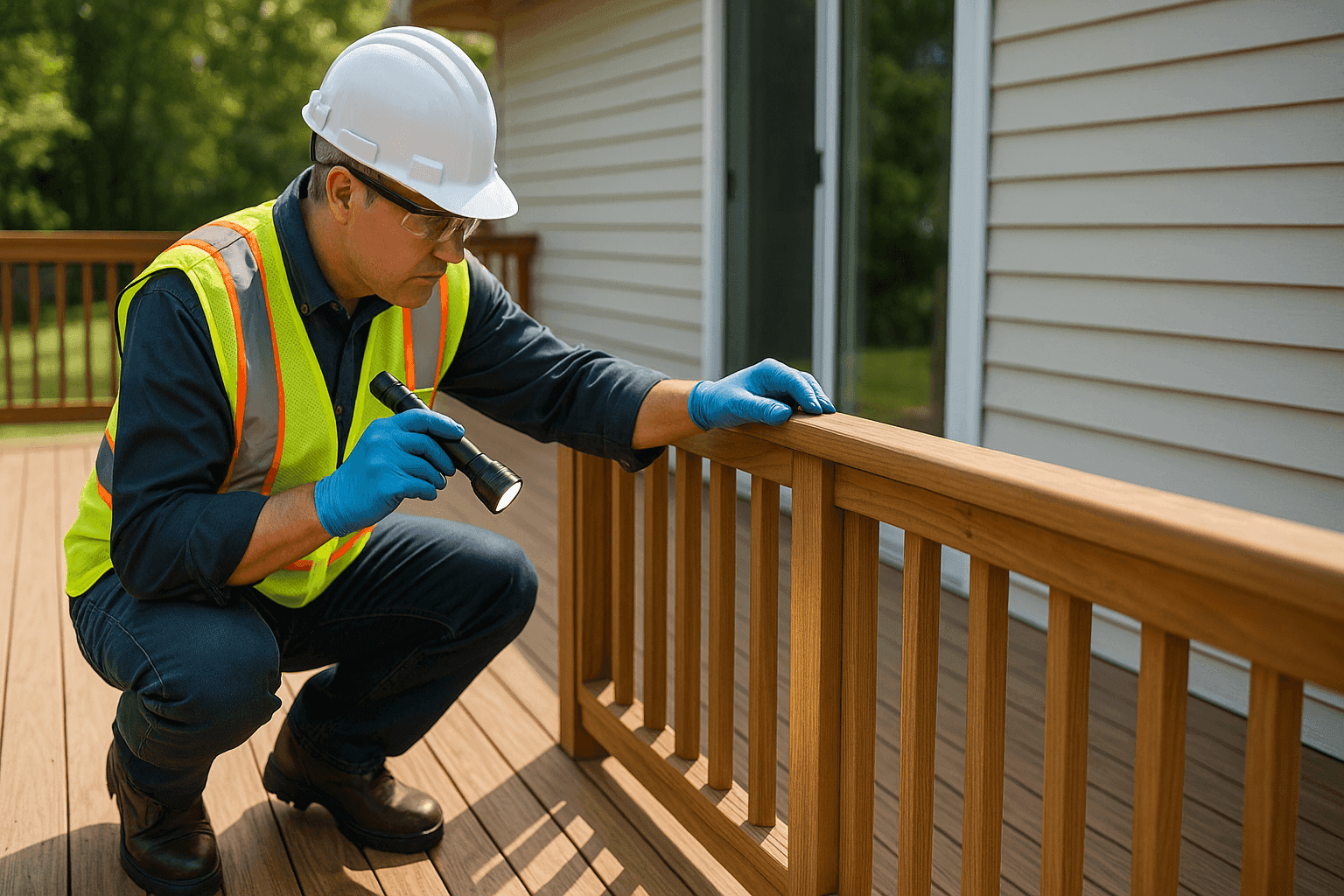 Inspector checking wooden deck rails for structural safety