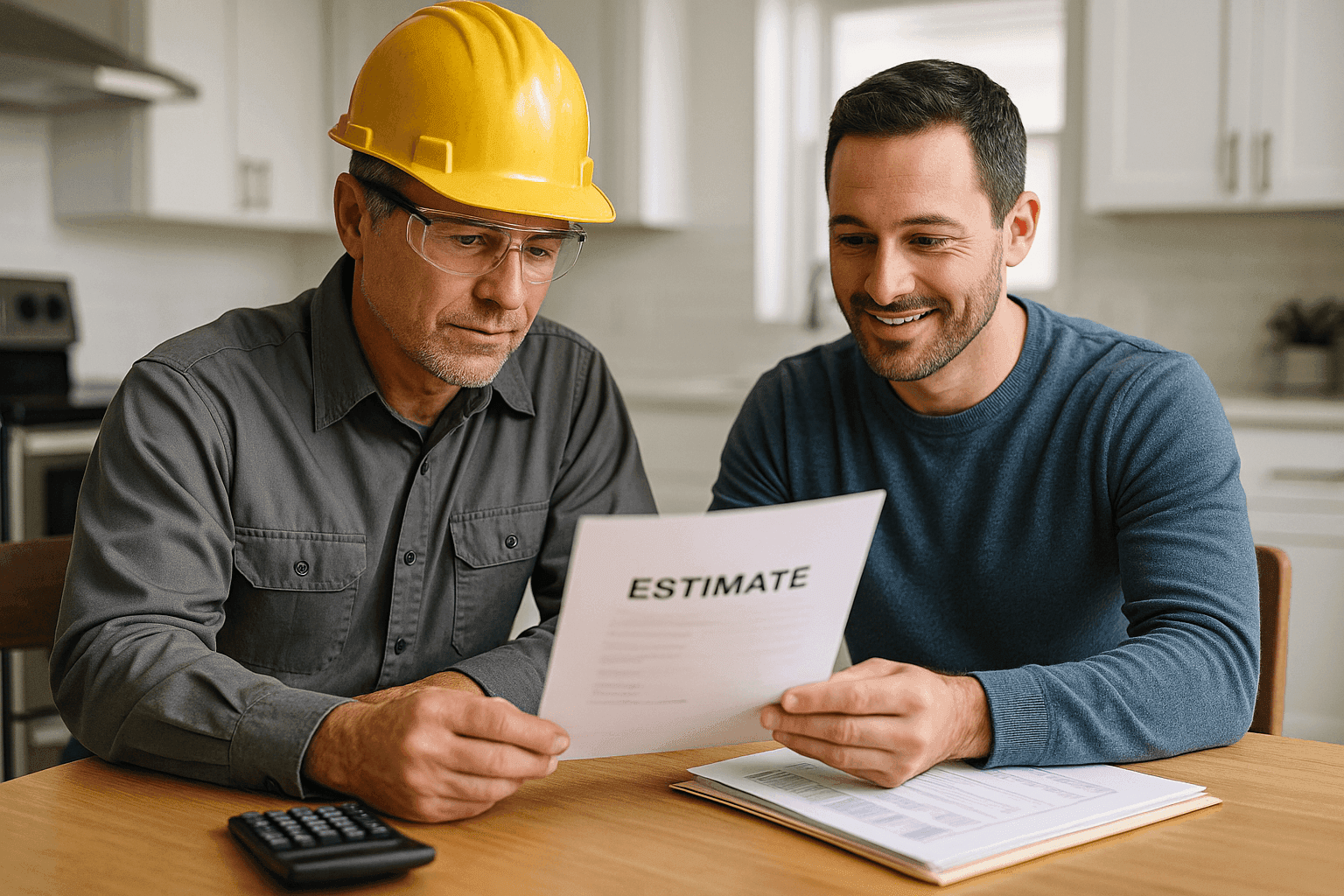 Inspector and homeowner reviewing home inspection estimate at kitchen table