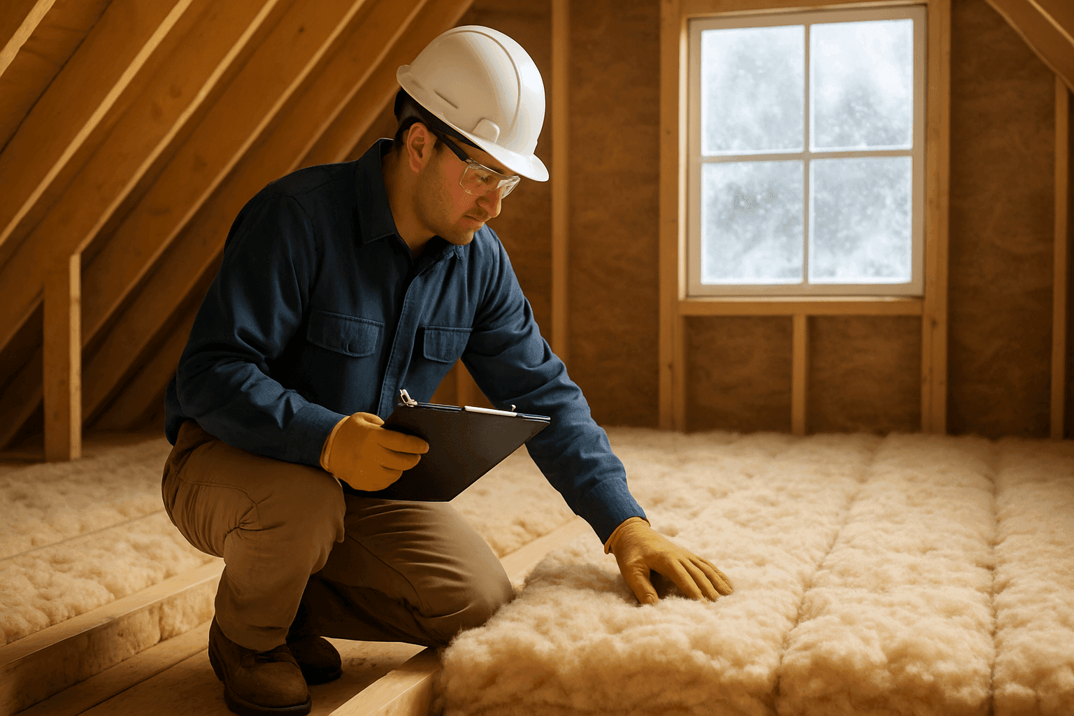 Inspector checking attic insulation during winter preparation