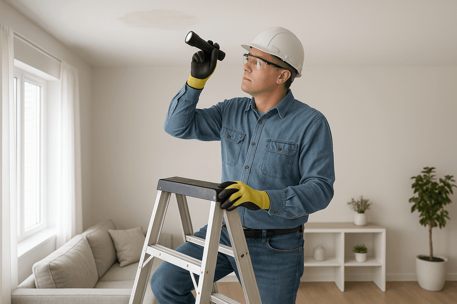 Homeowner inspecting water stain on ceiling for early damage signs